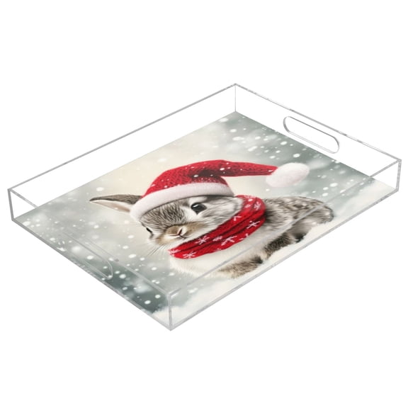 Acrylic Tray 15.7*11.8*1.9 Inch Transparent Tray Food Tray Tea Cup Tray Serving Trays Cosmetics Storage Kitchen Table Bathroom Sundry Storage Gray Christmas Bunny
