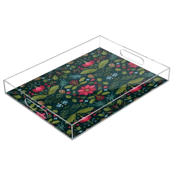 Acrylic Tray 15.7*11.8*1.9 Inch Transparent Tray Food Tray Tea Cup Tray Serving Trays Cosmetics Storage Kitchen Table Bathroom Sundry Storage Green Christmas Pattern