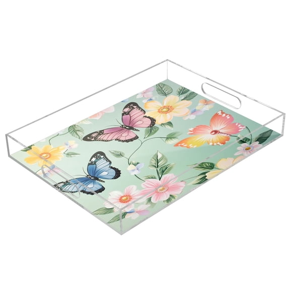 Acrylic Tray 15.7*11.8*1.9 Inch Transparent Tray Food Tray Tea Cup Tray Serving Trays Cosmetics Storage Kitchen Table Bathroom Sundry Storage Green Flowers and Butterflies