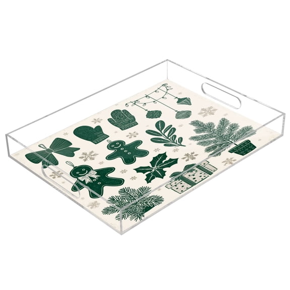 Acrylic Tray 15.7*11.8*1.9 Inch Transparent Tray Food Tray Tea Cup Tray Serving Trays Cosmetics Storage Kitchen Table Bathroom Sundry Storage Green Gingerbread Man