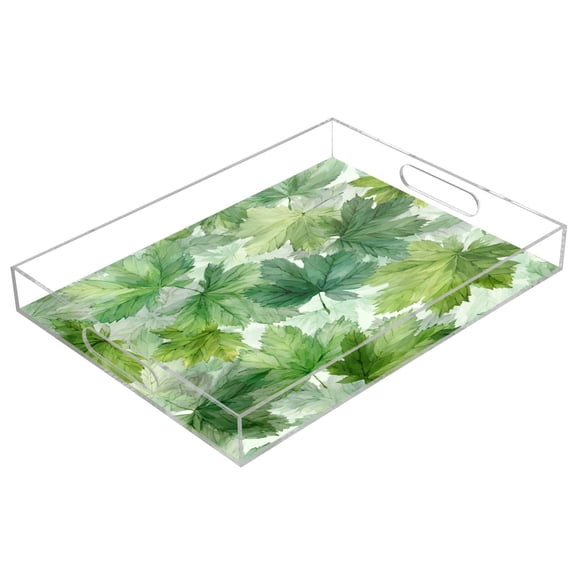 Acrylic Tray 15.7*11.8*1.9 Inch Transparent Tray Food Tray Tea Cup Tray Serving Trays Cosmetics Storage Kitchen Table Bathroom Sundry Storage Green Maple Leaves