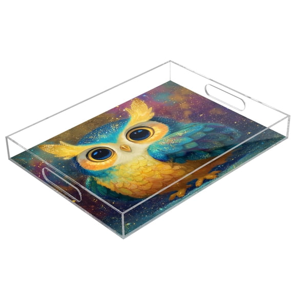 Acrylic Tray 15.7*11.8*1.9 Inch Transparent Tray Food Tray Tea Cup Tray Serving Trays Cosmetics Storage Kitchen Table Bathroom Sundry Storage Green Owl Pattern