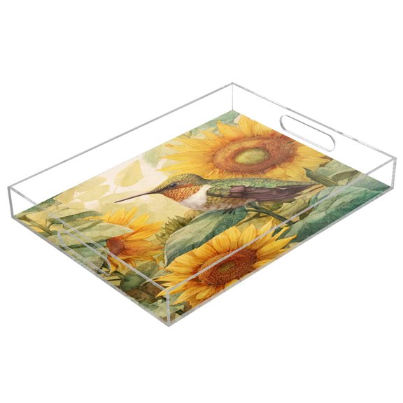 Acrylic Tray 15.7*11.8*1.9 Inch Transparent Tray Food Tray Tea Cup Tray Serving Trays Cosmetics Storage Kitchen Table Bathroom Sundry Storage Hummingbird Sunflower