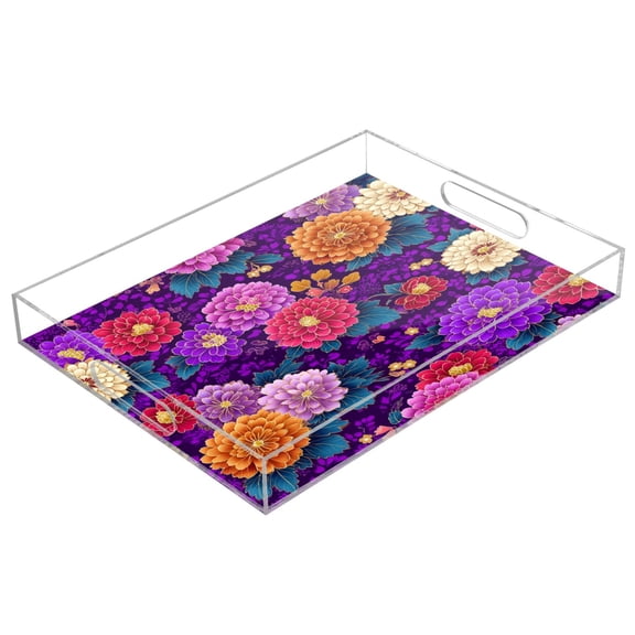Acrylic Tray 15.7*11.8*1.9 Inch Transparent Tray Food Tray Tea Cup Tray Serving Trays Cosmetics Storage Kitchen Table Bathroom Sundry Storage Japanese Flowers