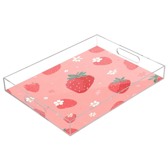 Acrylic Tray 15.7*11.8*1.9 Inch Transparent Tray Food Tray Tea Cup Tray Serving Trays Cosmetics Storage Kitchen Table Bathroom Sundry Storage Juicy Pink Strawberry Motif