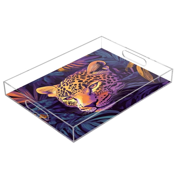 Acrylic Tray 15.7*11.8*1.9 Inch Transparent Tray Food Tray Tea Cup Tray Serving Trays Cosmetics Storage Kitchen Table Bathroom Sundry Storage Jungle Color Leopard Pattern