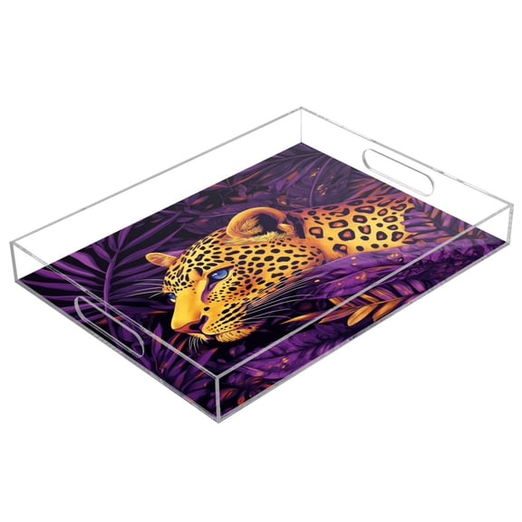 Acrylic Tray 15.7*11.8*1.9 Inch Transparent Tray Food Tray Tea Cup Tray Serving Trays Cosmetics Storage Kitchen Table Bathroom Sundry Storage Jungle Purple Leopard Pattern