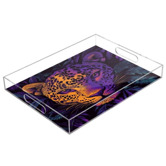 Acrylic Tray 15.7*11.8*1.9 Inch Transparent Tray Food Tray Tea Cup Tray Serving Trays Cosmetics Storage Kitchen Table Bathroom Sundry Storage Jungle Purple Leopard