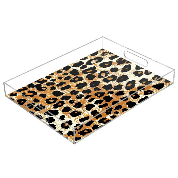 Acrylic Tray 15.7*11.8*1.9 Inch Transparent Tray Food Tray Tea Cup Tray Serving Trays Cosmetics Storage Kitchen Table Bathroom Sundry Storage Leopard Print