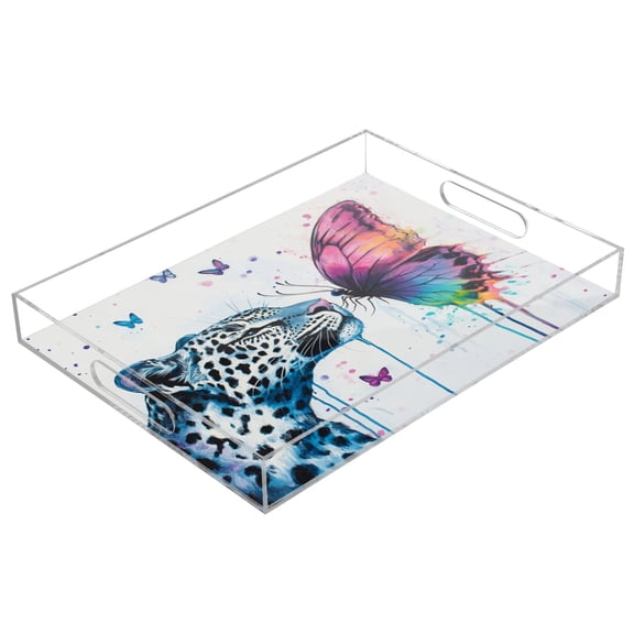 Acrylic Tray 15.7*11.8*1.9 Inch Transparent Tray Food Tray Tea Cup Tray Serving Trays Cosmetics Storage Kitchen Table Bathroom Sundry Storage Leopard and Colorful Butterflies
