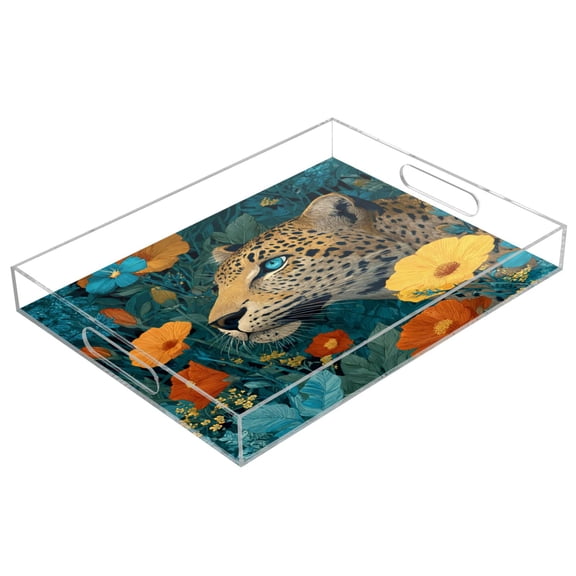 Acrylic Tray 15.7*11.8*1.9 Inch Transparent Tray Food Tray Tea Cup Tray Serving Trays Cosmetics Storage Kitchen Table Bathroom Sundry Storage Leopard in Jungle Orange
