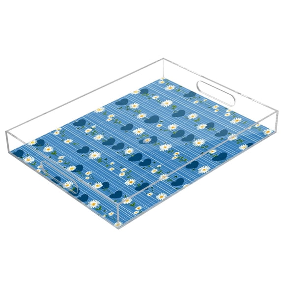 Acrylic Tray 15.7*11.8*1.9 Inch Transparent Tray Food Tray Tea Cup Tray Serving Trays Cosmetics Storage Kitchen Table Bathroom Sundry Storage Light Blue Daisy Pattern