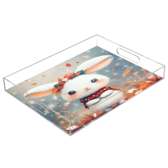 Acrylic Tray 15.7*11.8*1.9 Inch Transparent Tray Food Tray Tea Cup Tray Serving Trays Cosmetics Storage Kitchen Table Bathroom Sundry Storage Little White Cartoon Rabbit