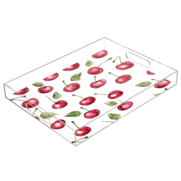 Acrylic Tray 15.7*11.8*1.9 Inch Transparent Tray Food Tray Tea Cup Tray Serving Trays Cosmetics Storage Kitchen Table Bathroom Sundry Storage Lovely Red Cherry