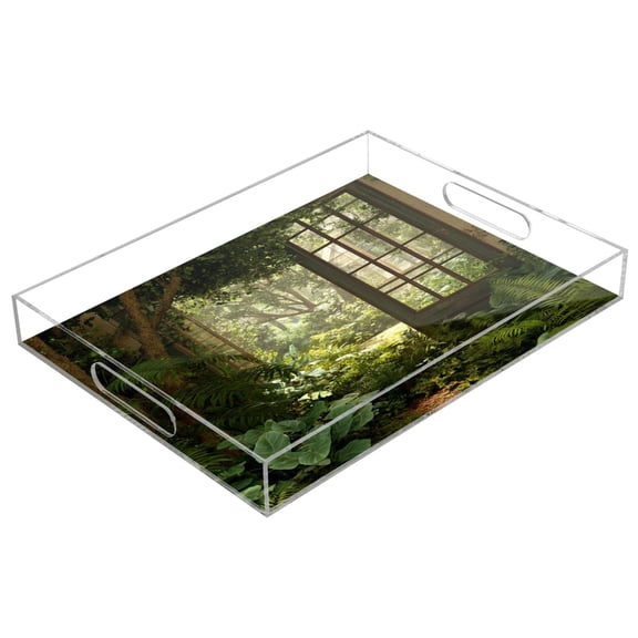Acrylic Tray 15.7*11.8*1.9 Inch Transparent Tray Food Tray Tea Cup Tray Serving Trays Cosmetics Storage Kitchen Table Bathroom Sundry Storage Lush Green Garden Window