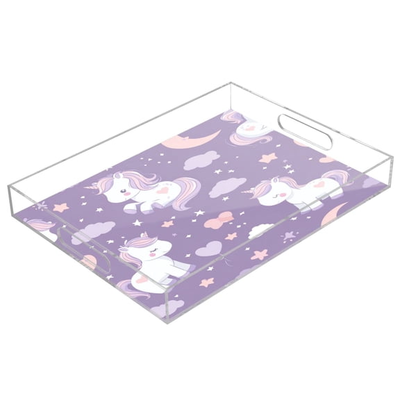 Acrylic Tray 15.7*11.8*1.9 Inch Transparent Tray Food Tray Tea Cup Tray Serving Trays Cosmetics Storage Kitchen Table Bathroom Sundry Storage Magical Unicorn and Moon