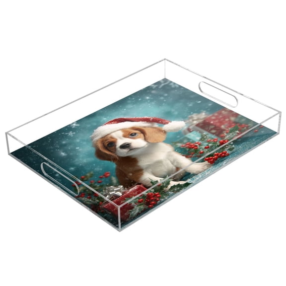 Acrylic Tray 15.7*11.8*1.9 Inch Transparent Tray Food Tray Tea Cup Tray Serving Trays Cosmetics Storage Kitchen Table Bathroom Sundry Storage Magical Christmas Black Dog