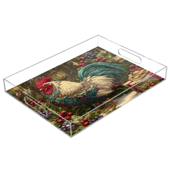 Acrylic Tray 15.7*11.8*1.9 Inch Transparent Tray Food Tray Tea Cup Tray Serving Trays Cosmetics Storage Kitchen Table Bathroom Sundry Storage Magical Christmas Rooster