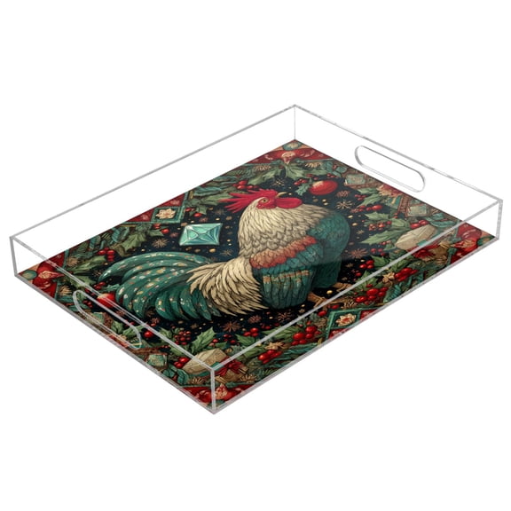 Acrylic Tray 15.7*11.8*1.9 Inch Transparent Tray Food Tray Tea Cup Tray Serving Trays Cosmetics Storage Kitchen Table Bathroom Sundry Storage Magical Christmas Beautiful Rooster