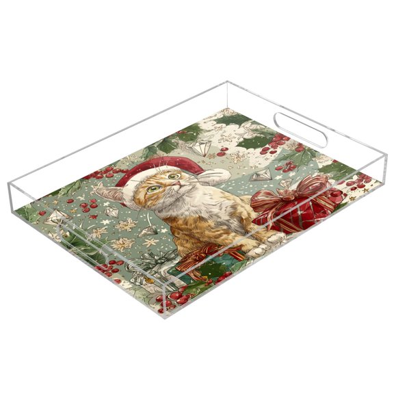 Acrylic Tray 15.7*11.8*1.9 Inch Transparent Tray Food Tray Tea Cup Tray Serving Trays Cosmetics Storage Kitchen Table Bathroom Sundry Storage Magical Christmas Orange Cat