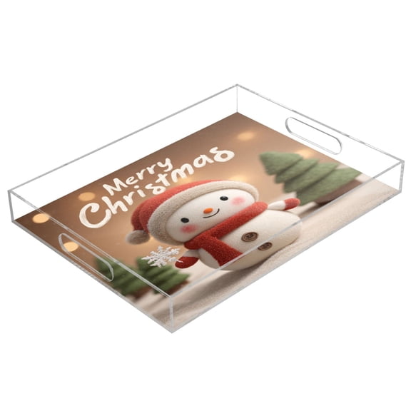 Acrylic Tray 15.7*11.8*1.9 Inch Transparent Tray Food Tray Tea Cup Tray Serving Trays Cosmetics Storage Kitchen Table Bathroom Sundry Storage Mini Christmas Snowman