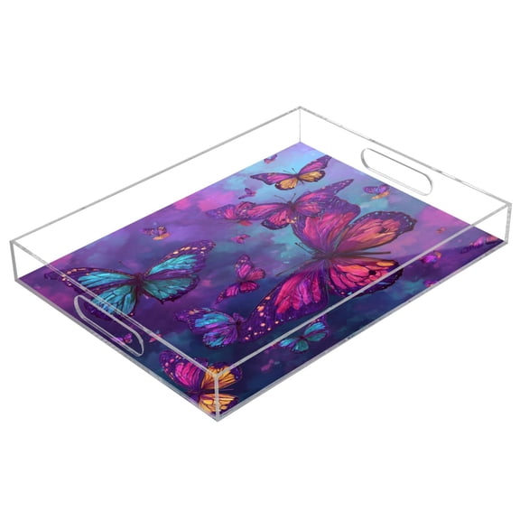 Acrylic Tray 15.7*11.8*1.9 Inch Transparent Tray Food Tray Tea Cup Tray Serving Trays Cosmetics Storage Kitchen Table Bathroom Sundry Storage Mosaic Butterfly Art