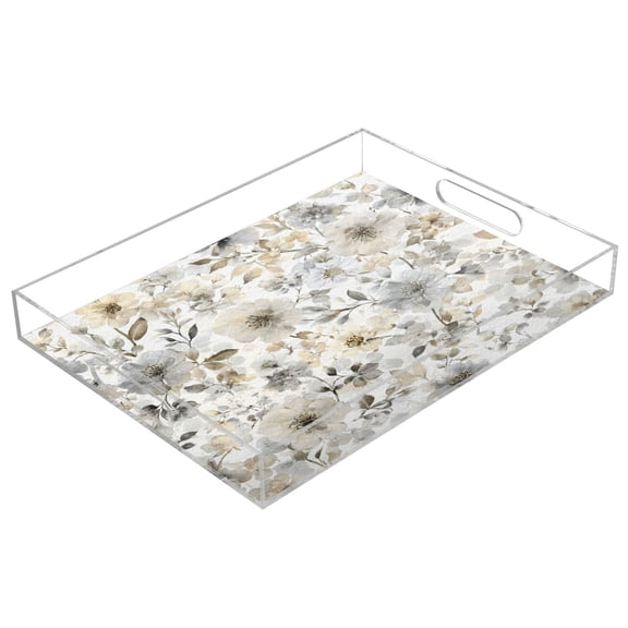 Acrylic Tray 15.7*11.8*1.9 Inch Transparent Tray Food Tray Tea Cup Tray Serving Trays Cosmetics Storage Kitchen Table Bathroom Sundry Storage Muted Gray Flowers Bouquet