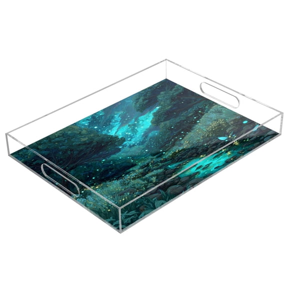 Acrylic Tray 15.7*11.8*1.9 Inch Transparent Tray Food Tray Tea Cup Tray Serving Trays Cosmetics Storage Kitchen Table Bathroom Sundry Storage Mystic Forest Glowing Blue Fireflies