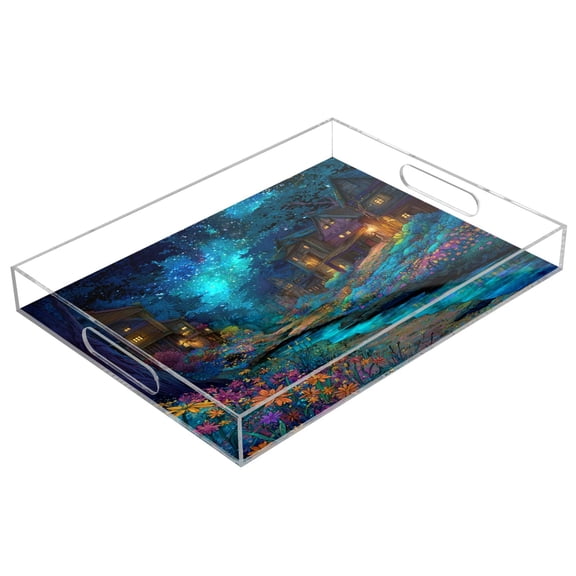 Acrylic Tray 15.7*11.8*1.9 Inch Transparent Tray Food Tray Tea Cup Tray Serving Trays Cosmetics Storage Kitchen Table Bathroom Sundry Storage Neon Glow Forest Path