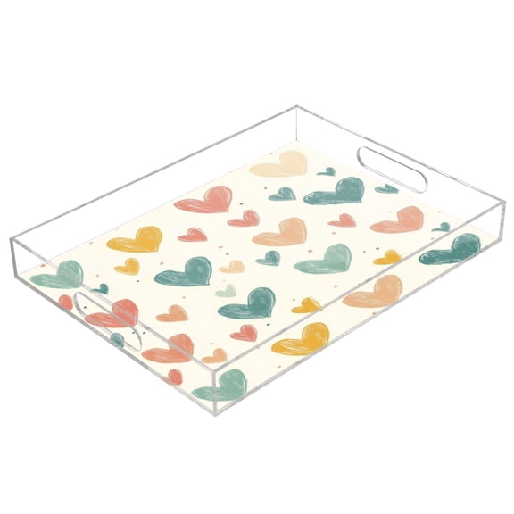 Acrylic Tray 15.7*11.8*1.9 Inch Transparent Tray Food Tray Tea Cup Tray Serving Trays Cosmetics Storage Kitchen Table Bathroom Sundry Storage Nice Heart Pattern