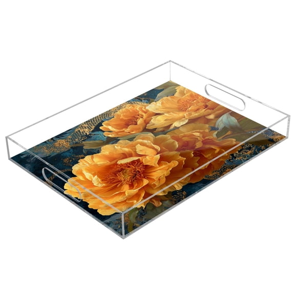 Acrylic Tray 15.7*11.8*1.9 Inch Transparent Tray Food Tray Tea Cup Tray Serving Trays Cosmetics Storage Kitchen Table Bathroom Sundry Storage Orange Peony