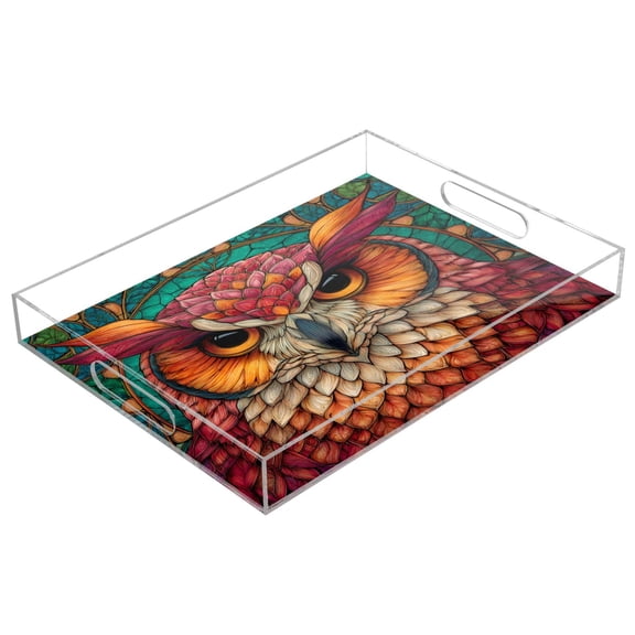 Acrylic Tray 15.7*11.8*1.9 Inch Transparent Tray Food Tray Tea Cup Tray Serving Trays Cosmetics Storage Kitchen Table Bathroom Sundry Storage Owl Stained Glass