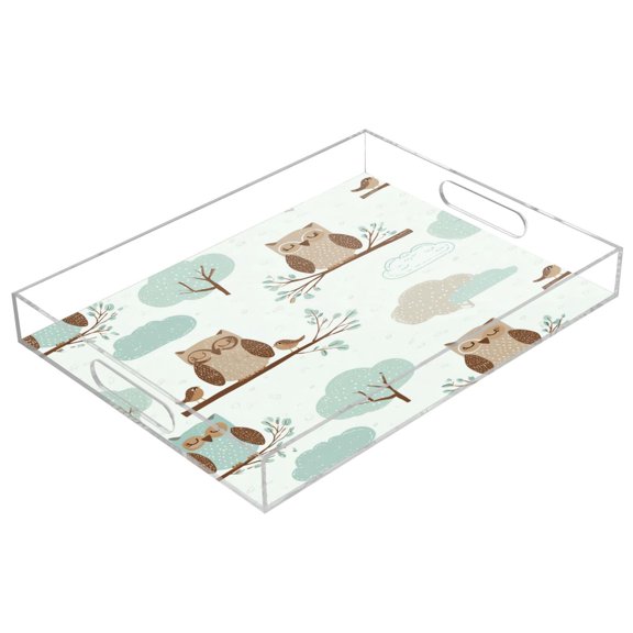 Acrylic Tray 15.7*11.8*1.9 Inch Transparent Tray Food Tray Tea Cup Tray Serving Trays Cosmetics Storage Kitchen Table Bathroom Sundry Storage Owl Tree Pattern