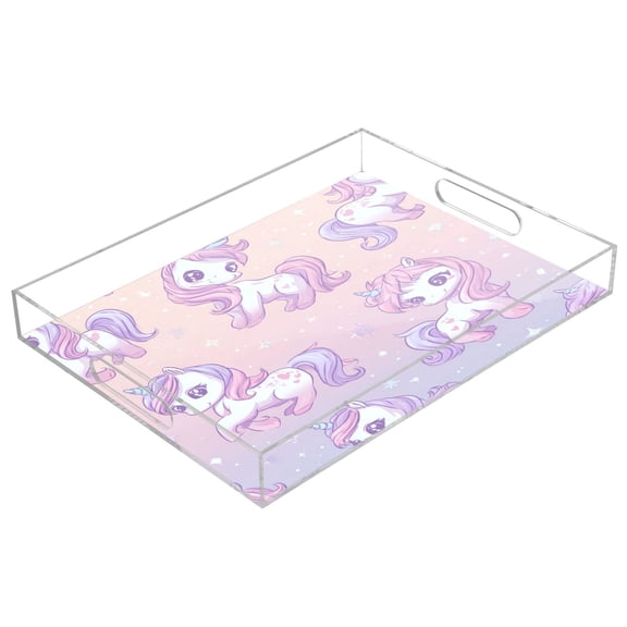 Acrylic Tray 15.7*11.8*1.9 Inch Transparent Tray Food Tray Tea Cup Tray Serving Trays Cosmetics Storage Kitchen Table Bathroom Sundry Storage Pastel Unicorn Seamless
