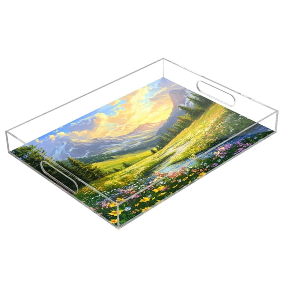 Acrylic Tray 15.7*11.8*1.9 Inch Transparent Tray Food Tray Tea Cup Tray Serving Trays Cosmetics Storage Kitchen Table Bathroom Sundry Storage Picturesque Summer Mountain