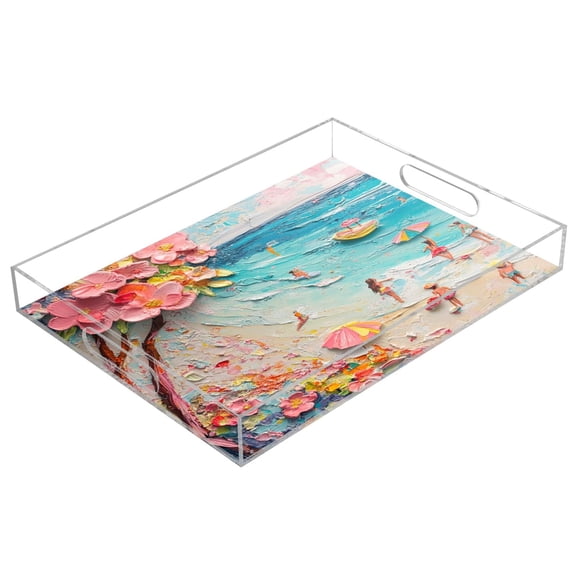 Acrylic Tray 15.7*11.8*1.9 Inch Transparent Tray Food Tray Tea Cup Tray Serving Trays Cosmetics Storage Kitchen Table Bathroom Sundry Storage Picturesque Spring Sea