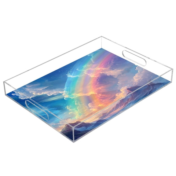 Acrylic Tray 15.7*11.8*1.9 Inch Transparent Tray Food Tray Tea Cup Tray Serving Trays Cosmetics Storage Kitchen Table Bathroom Sundry Storage Picturesque Rainbow