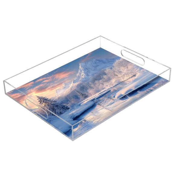 Acrylic Tray 15.7*11.8*1.9 Inch Transparent Tray Food Tray Tea Cup Tray Serving Trays Cosmetics Storage Kitchen Table Bathroom Sundry Storage Picturesque Winter Snow