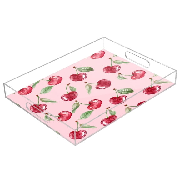 Acrylic Tray 15.7*11.8*1.9 Inch Transparent Tray Food Tray Tea Cup Tray Serving Trays Cosmetics Storage Kitchen Table Bathroom Sundry Storage Pink Cherry