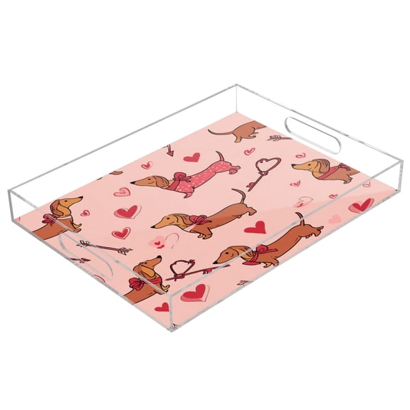 Acrylic Tray 15.7*11.8*1.9 Inch Transparent Tray Food Tray Tea Cup Tray Serving Trays Cosmetics Storage Kitchen Table Bathroom Sundry Storage Pink Dachshund Hearts