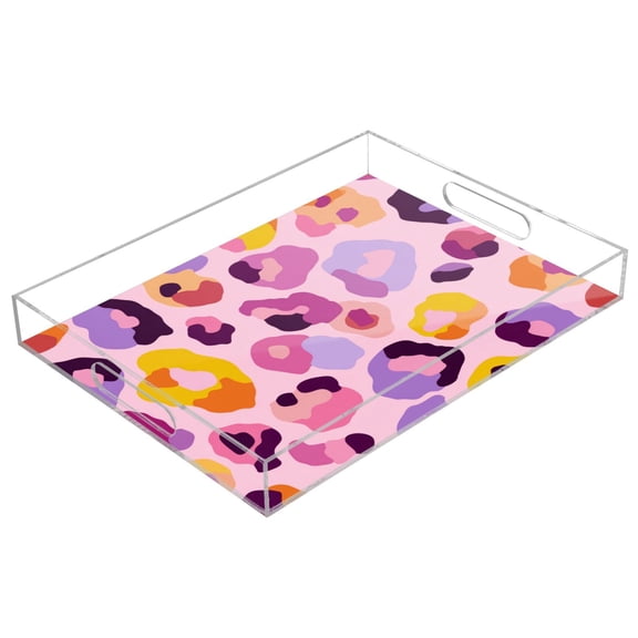 Acrylic Tray 15.7*11.8*1.9 Inch Transparent Tray Food Tray Tea Cup Tray Serving Trays Cosmetics Storage Kitchen Table Bathroom Sundry Storage Pink Leopard Print