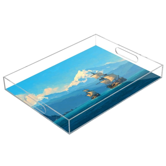 Acrylic Tray 15.7*11.8*1.9 Inch Transparent Tray Food Tray Tea Cup Tray Serving Trays Cosmetics Storage Kitchen Table Bathroom Sundry Storage Pirate Ships Ocean Mountain