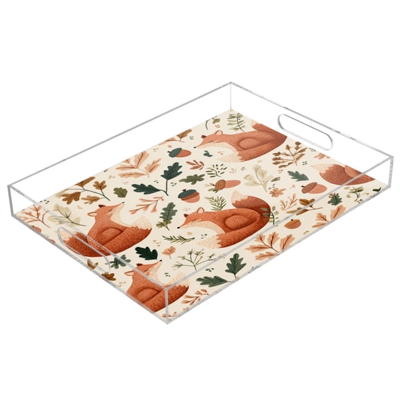 Acrylic Tray 15.7*11.8*1.9 Inch Transparent Tray Food Tray Tea Cup Tray Serving Trays Cosmetics Storage Kitchen Table Bathroom Sundry Storage Playful Foxes Red Acorns