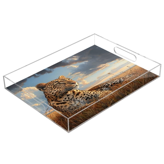 Acrylic Tray 15.7*11.8*1.9 Inch Transparent Tray Food Tray Tea Cup Tray Serving Trays Cosmetics Storage Kitchen Table Bathroom Sundry Storage Prairie Yellow Leopard