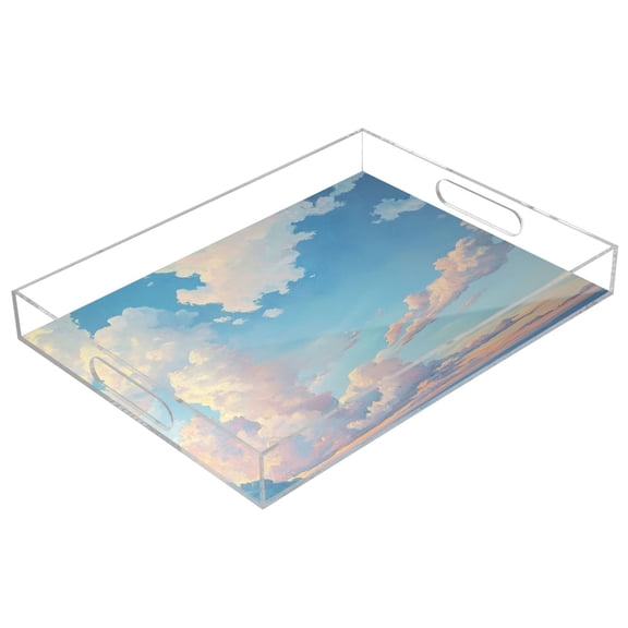 Acrylic Tray 15.7*11.8*1.9 Inch Transparent Tray Food Tray Tea Cup Tray Serving Trays Cosmetics Storage Kitchen Table Bathroom Sundry Storage Pretty Blue White Clouds