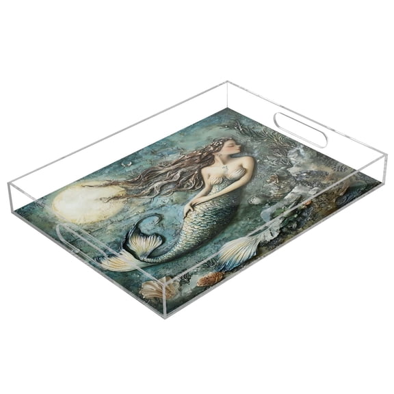 Acrylic Tray 15.7*11.8*1.9 Inch Transparent Tray Food Tray Tea Cup Tray Serving Trays Cosmetics Storage Kitchen Table Bathroom Sundry Storage Pretty Mermaid Pattern