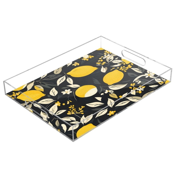 Acrylic Tray 15.7*11.8*1.9 Inch Transparent Tray Food Tray Tea Cup Tray Serving Trays Cosmetics Storage Kitchen Table Bathroom Sundry Storage Pretty Yellow Lemon and Leaves