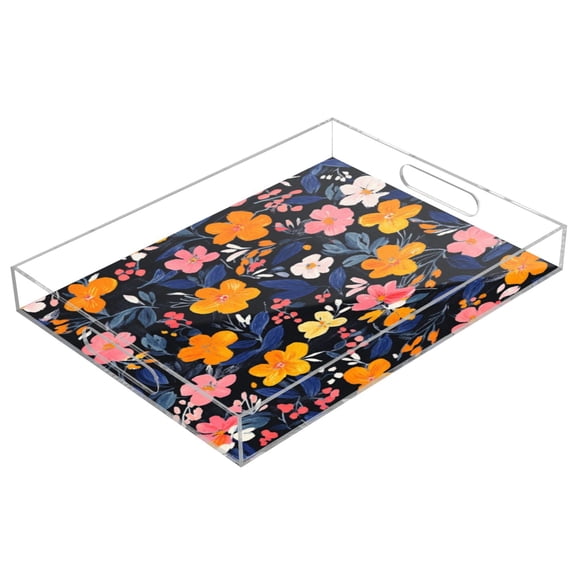 Acrylic Tray 15.7*11.8*1.9 Inch Transparent Tray Food Tray Tea Cup Tray Serving Trays Cosmetics Storage Kitchen Table Bathroom Sundry Storage Pretty Little Flowers4