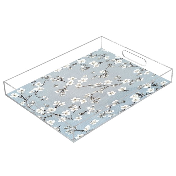 Acrylic Tray 15.7*11.8*1.9 Inch Transparent Tray Food Tray Tea Cup Tray Serving Trays Cosmetics Storage Kitchen Table Bathroom Sundry Storage Pretty White Cloth Flowers