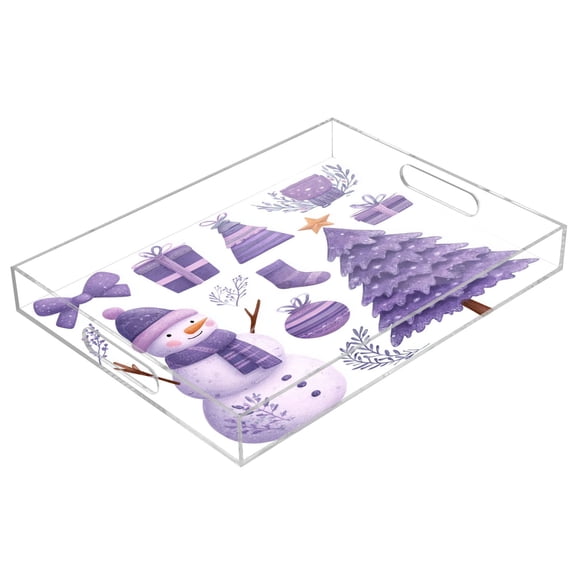 Acrylic Tray 15.7*11.8*1.9 Inch Transparent Tray Food Tray Tea Cup Tray Serving Trays Cosmetics Storage Kitchen Table Bathroom Sundry Storage Purple Christmas Snowman